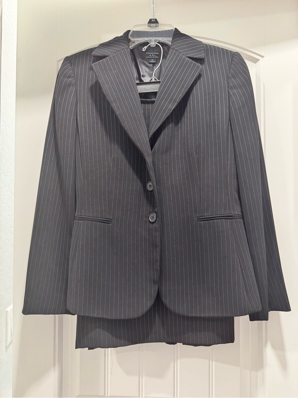 Tahari ASL Black Blazer Skirt Suit - Thin Gray Pinstripes